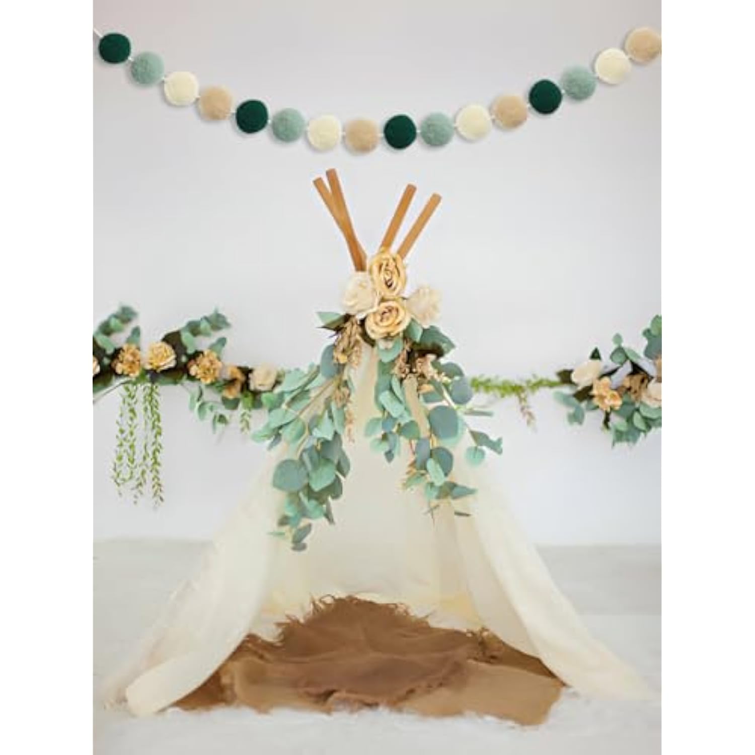 Boho Pom-Pom Garland Sage Green - Set Of 2, Sage Nursery Wall Decor, Baby Shower Wedding Backdrop, Christmas Fireplace Mantel, Gender Neutral