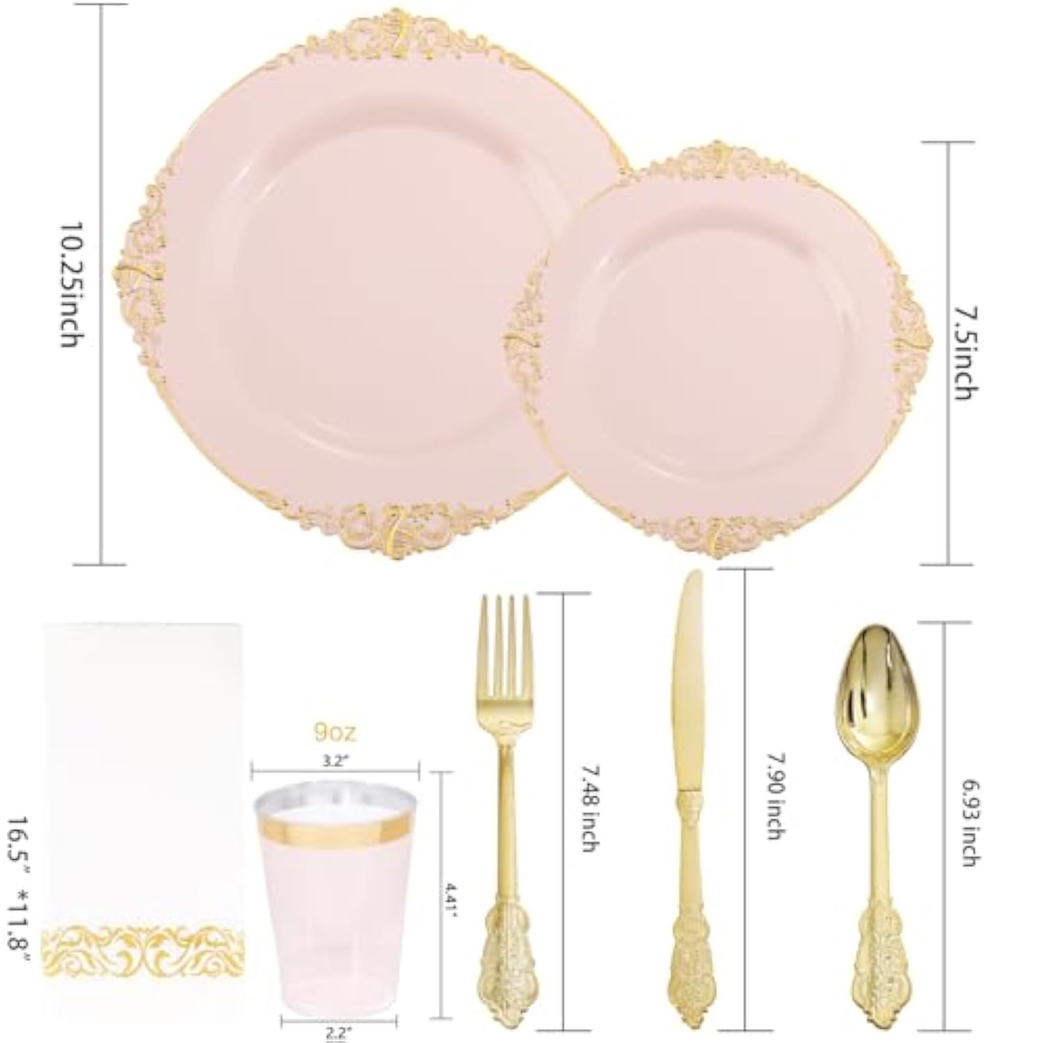 175Pcs Pink Plastic Plates - Pink And Gold Disposable Plates Sets, Include 25 Dinner Plates,25 Dessert Plates,25 Cutlery Sets,25 Napkins Perfect For Wedding & Party & Holiday & Easter