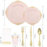 175Pcs Pink Plastic Plates - Pink And Gold Disposable Plates Sets, Include 25 Dinner Plates,25 Dessert Plates,25 Cutlery Sets,25 Napkins Perfect For Wedding & Party & Holiday & Easter