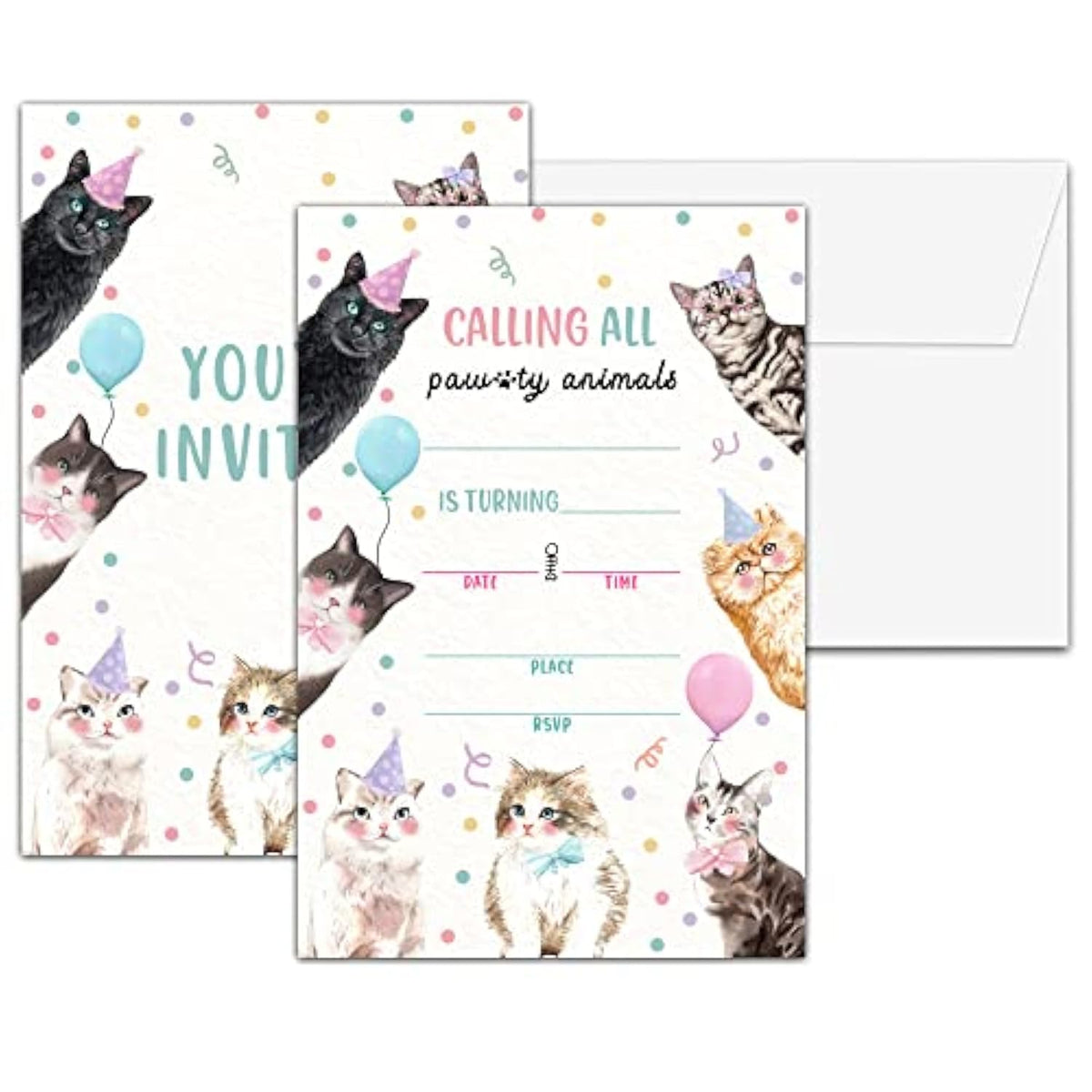 Cat Birthday Party Invitations, Kitten Birthday Invitation, Double-Sided Fill In Invites, Cute Pet Birthday Party Decorations, 20 Cards With 20 Envelopes(D01)