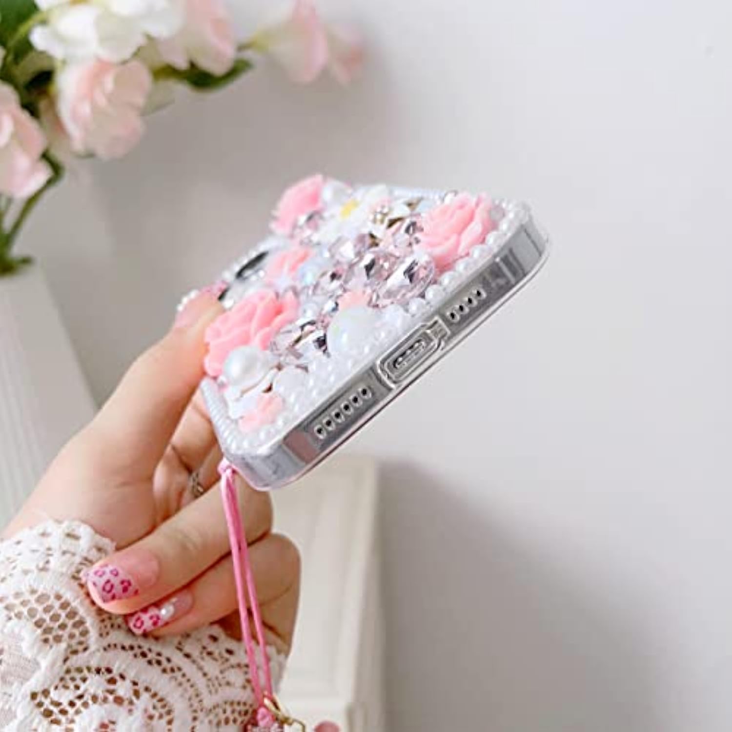 For Iphone 15 Glitter Bling Case,Cute Luxury 3D Crystal Rhinestone Diamond Sparkle Shiny Gems Flower Pearl With Lanyard Wrist Strap Women Girls Protective Case For Iphone 15 6.1 Inch (Purple)