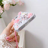 For Iphone 15 Glitter Bling Case,Cute Luxury 3D Crystal Rhinestone Diamond Sparkle Shiny Gems Flower Pearl With Lanyard Wrist Strap Women Girls Protective Case For Iphone 15 6.1 Inch (Purple)