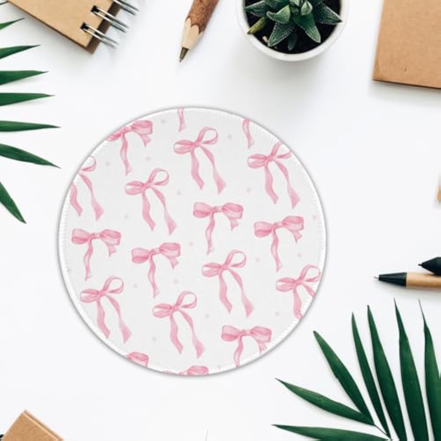 Cute Round Travel Mouse Pad Pink Bows Aesthetic Mousepad For Laptop Wireless Mouse Kawaii Office Accessories Computer Mouse Pads For Desk Non-Slip Rubber Base Mouse Pad, 7.9×7.9 In, Pink Bow