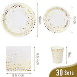 210PCS White & Gold Dot Party Tableware Set – Plates, Cups, Napkins for 30