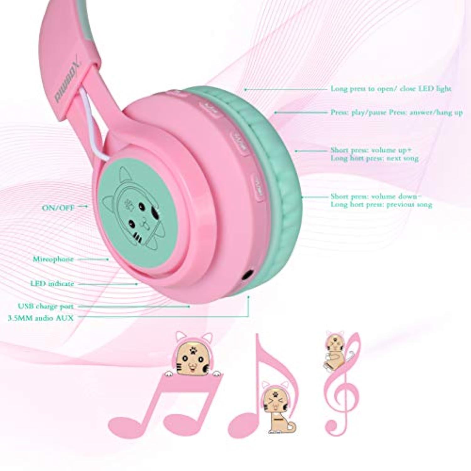 CT-7 Kids Bluetooth Cat Ear Headphones LED Mic Volume Control Pink & Green