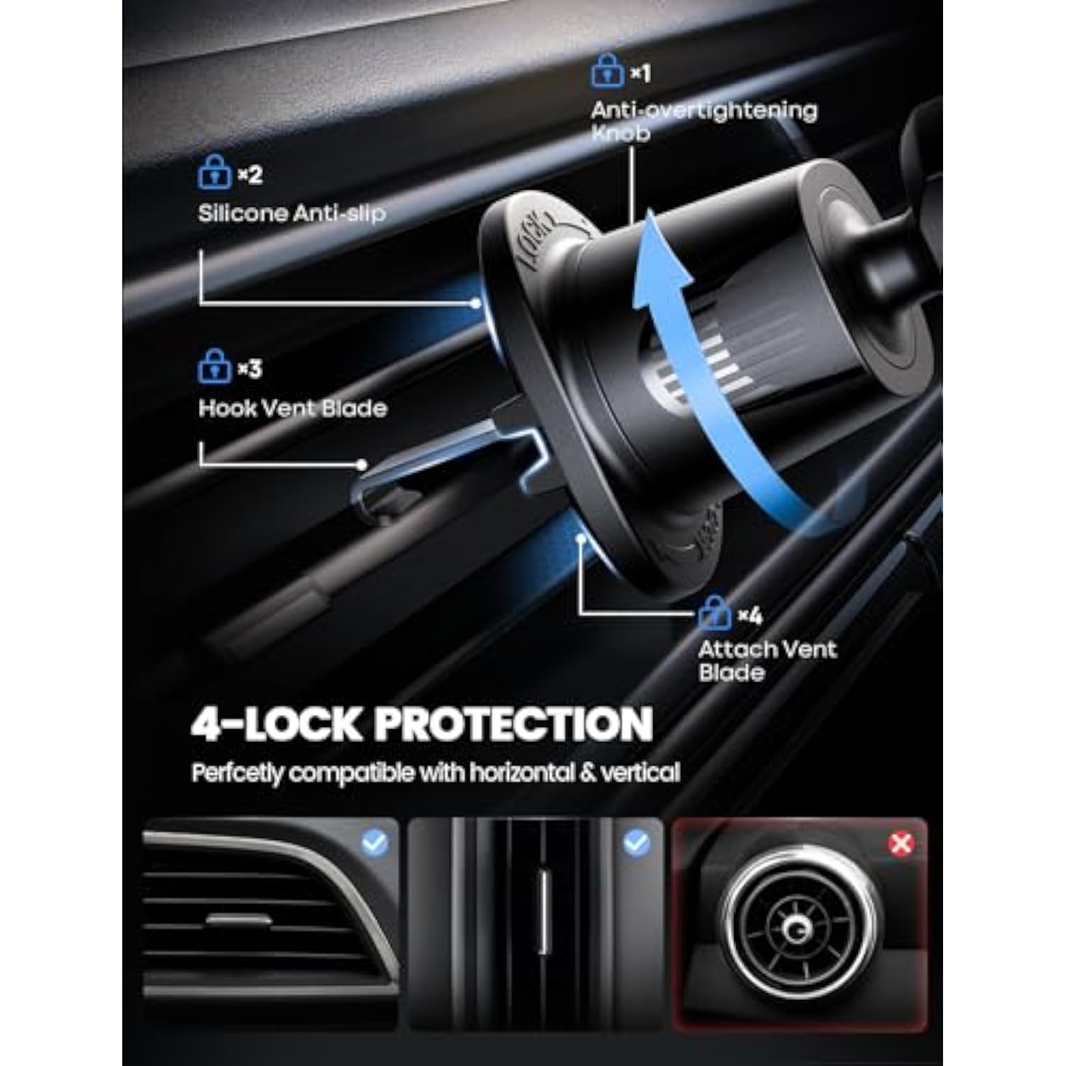 Metal Hook Car Phone Holder Vent, Hands-Free Mount for iPhone 15/14/13 Pro