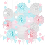 White Blue Pink Party Decorations - 17pcs Tissue Paper Flowers Pom Poms Lanterns Gender Neutral Baby Gender Reveal Party Supplies Gender Reveal Theme Decor Birthday Hanging Decor Ideas