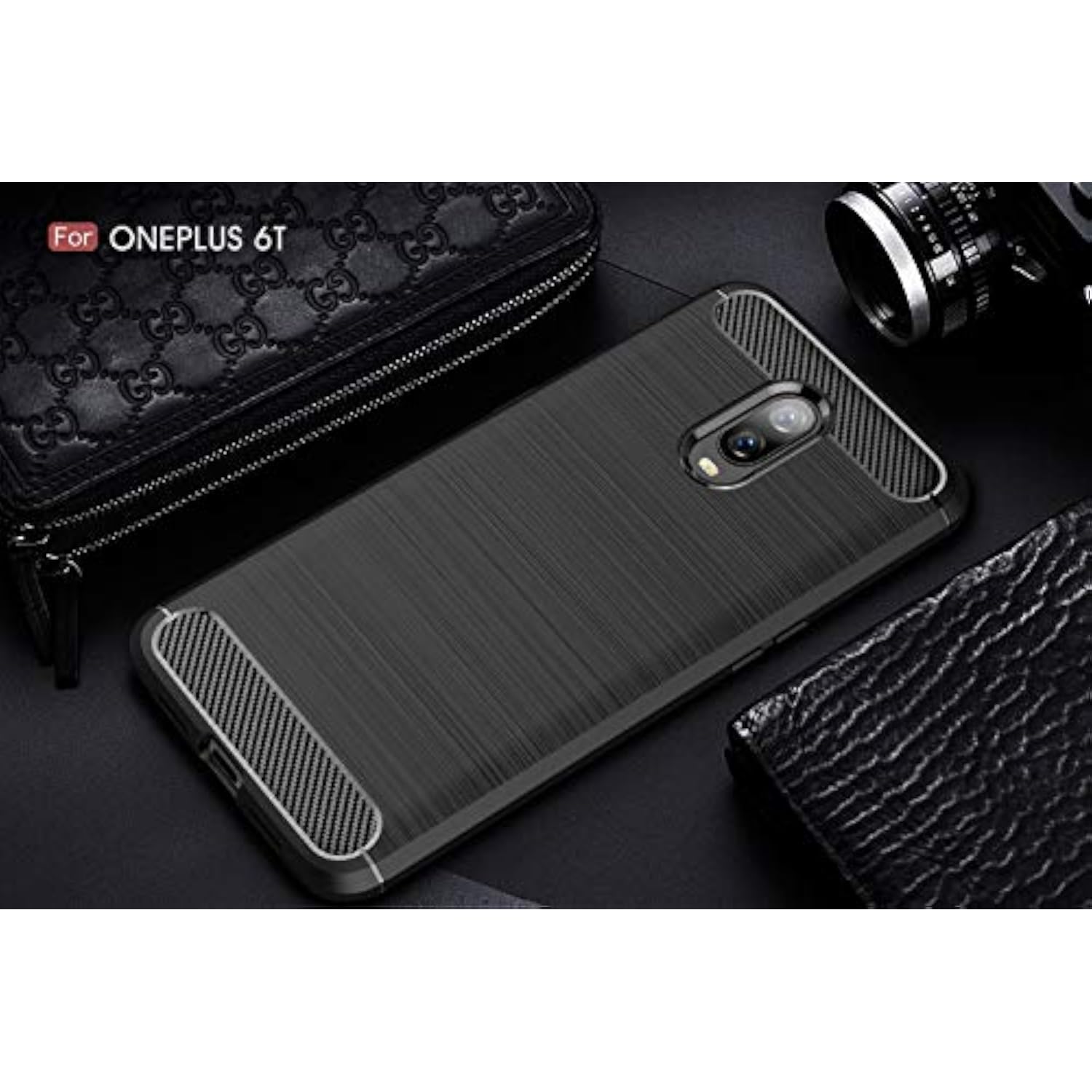 Oneplus 6T Carbon Fiber Shock Absorption Slim Case Compatible with Cellphone Black