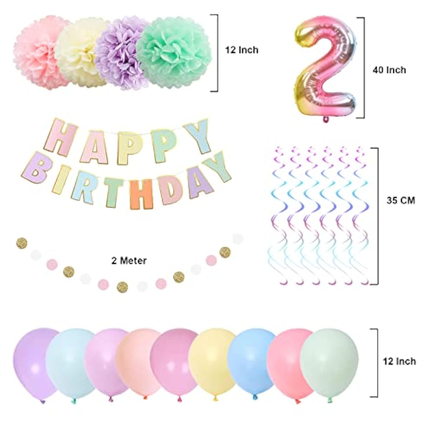 40" Rainbow Gradient Number 2 Balloon & Happy Birthday Banner 2nd Party Decor