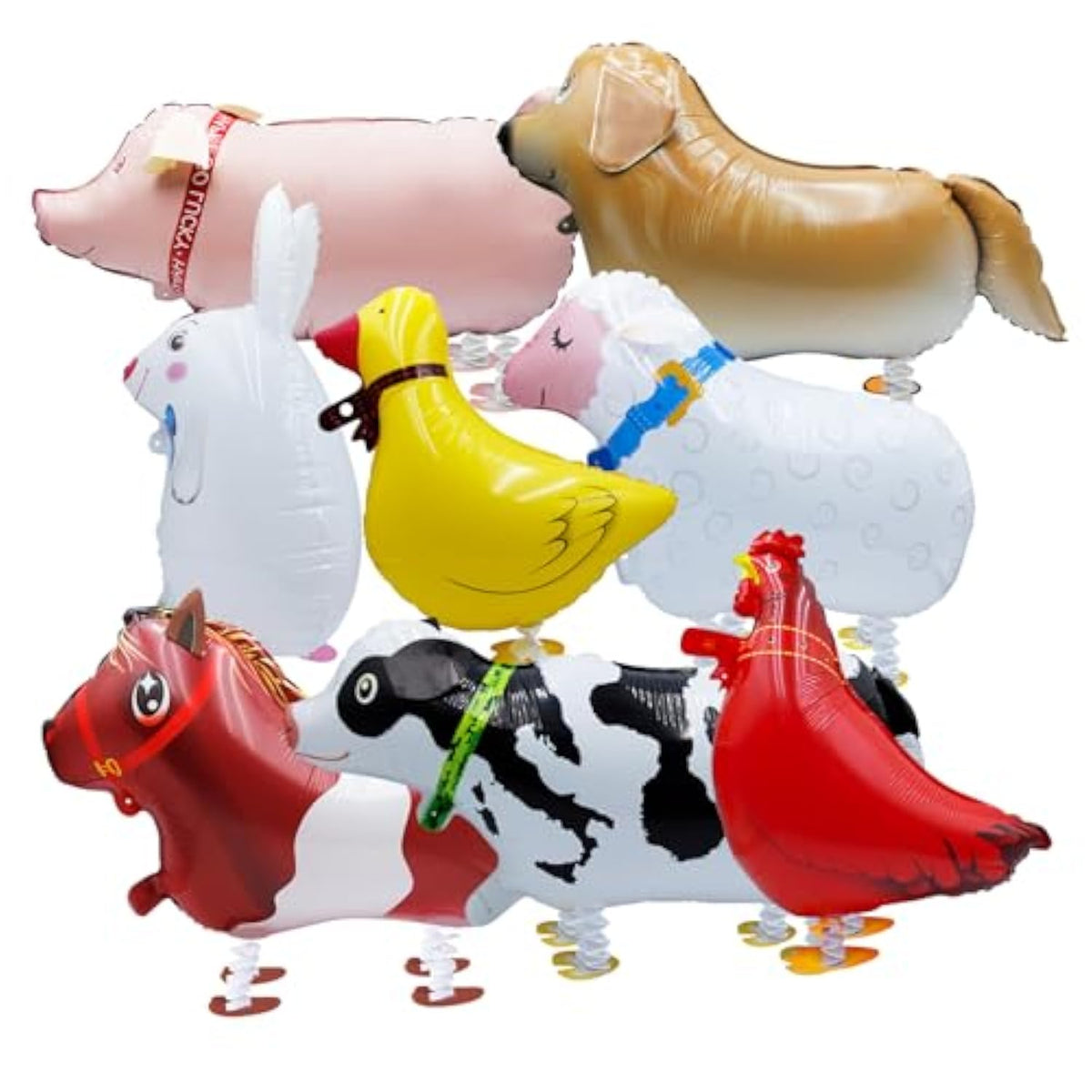 8-Pack Walking Farm Animal Balloons | Farm Theme Party Decorations For Kids' Birthdays, Bbqs & Farmhouse Events | Reusable Foil Balloons With Ribbon