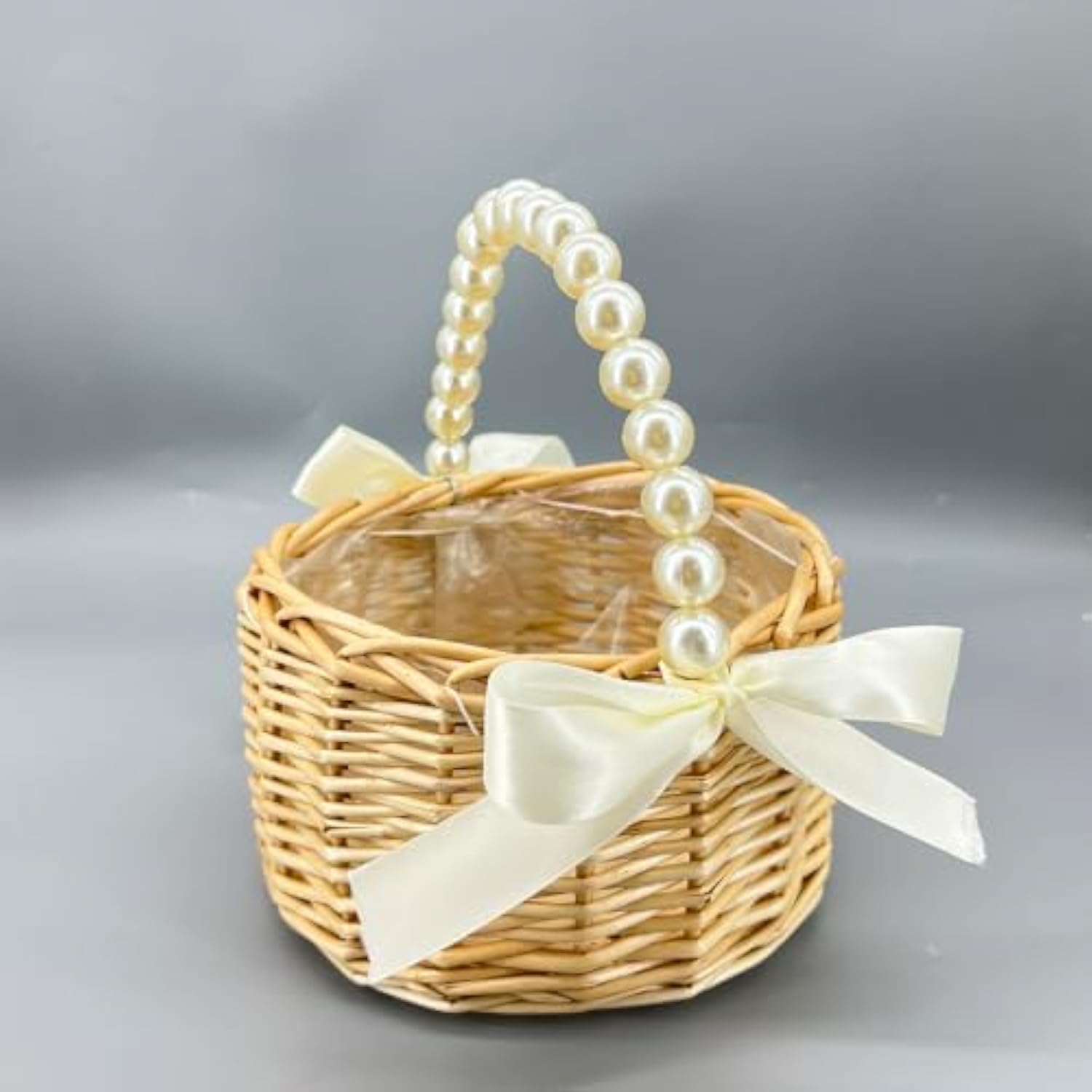 Wicker Rattan Flower Girl Basket With Bows, Pearl Handle Wedding Flower Girl Basket And Home Decorations