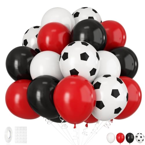 30 Pcs Red Black Soccer Balloons, 12 Inch Soccer Print Balloon Set