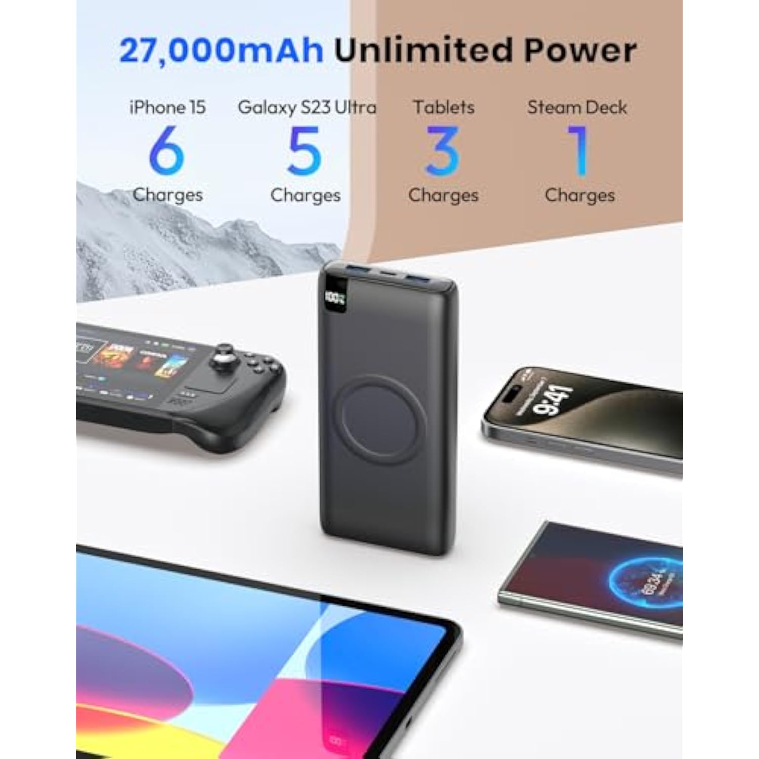 Wireless Power Bank, 27000Mah Portable Charger 20W Fast Charging Battery Bank, Pd3.0 Qc4.0 Battery Pack With Usb C Output/Input, External Batterys Pack For Iphone 16/15/14/13 Galaxy Tablet