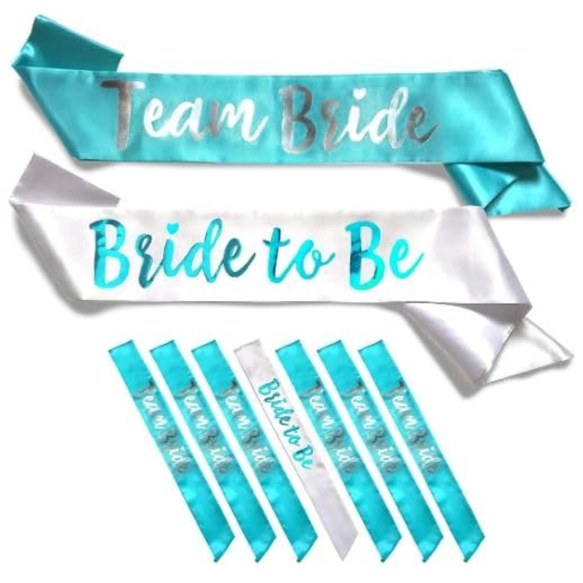 Team Bride 7Pc Satin Sash Set - Sophisticated & Fun Party Favors For Bachelorette Party, Bridal Shower & Wedding Party (7Pc Set, White & Light Blue)