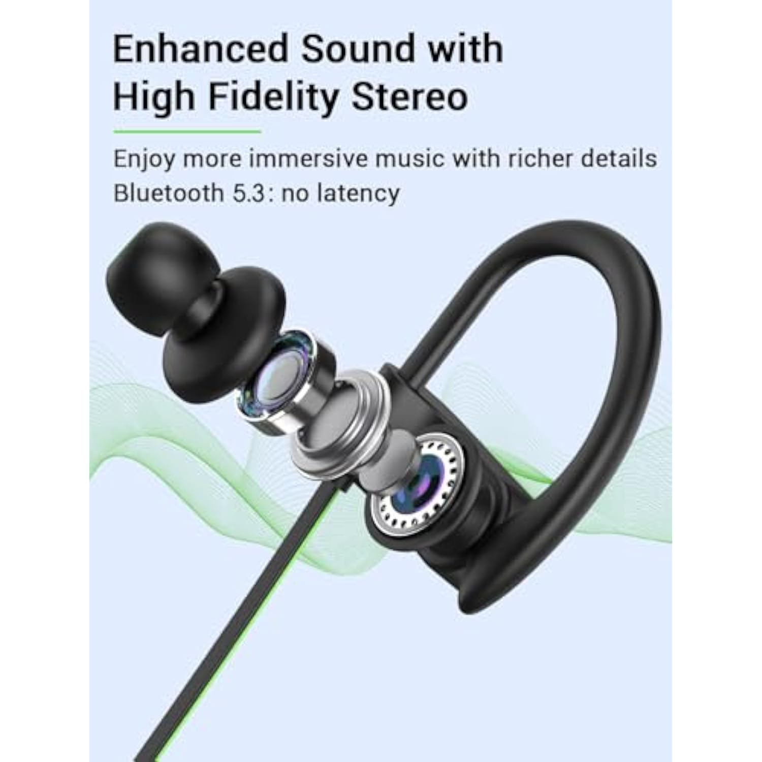 Bluetooth Headphones, 5.3 Wireless Sports Earbuds Ipx7 Waterproof With Mic, Stereo Sweatproof Inear Earphones, Noise Cancelling Headsets For Gym Running Workout, 16 Hours Playtime Greenblack