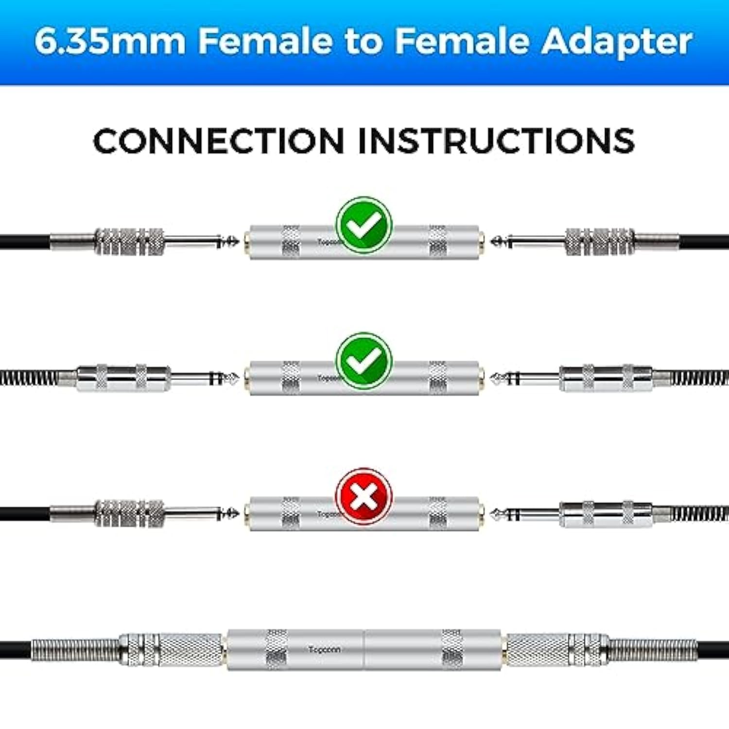 1/4 Inch Trs/Ts Female To Female Gold-Plated Coupler (2 Pack), 1/4" Trs Stereo And Ts Mono Jack Adapter Joiner, 6.35Mm Extension Gender Changer Converter Connectors For Amplifier Speaker Guitar Sound