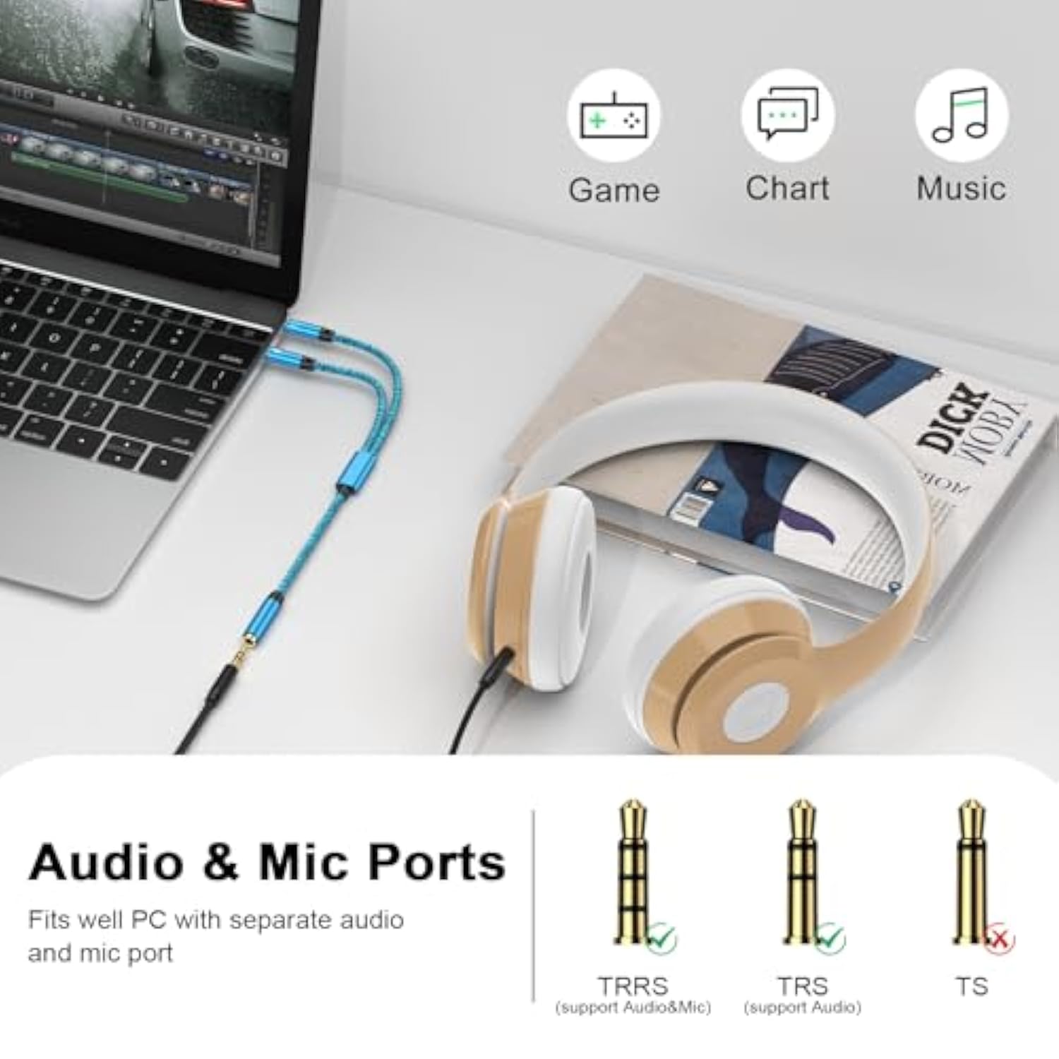 Headphone Splitter For Computer 3.5Mm Female To 2 Dual 3.5Mm Male Braided Mic Audio Y Splitter Cable Microphone Audio Stereo Jack Earphones Port Cord Gaming Smartphone Headset To Pc Laptop Adapter