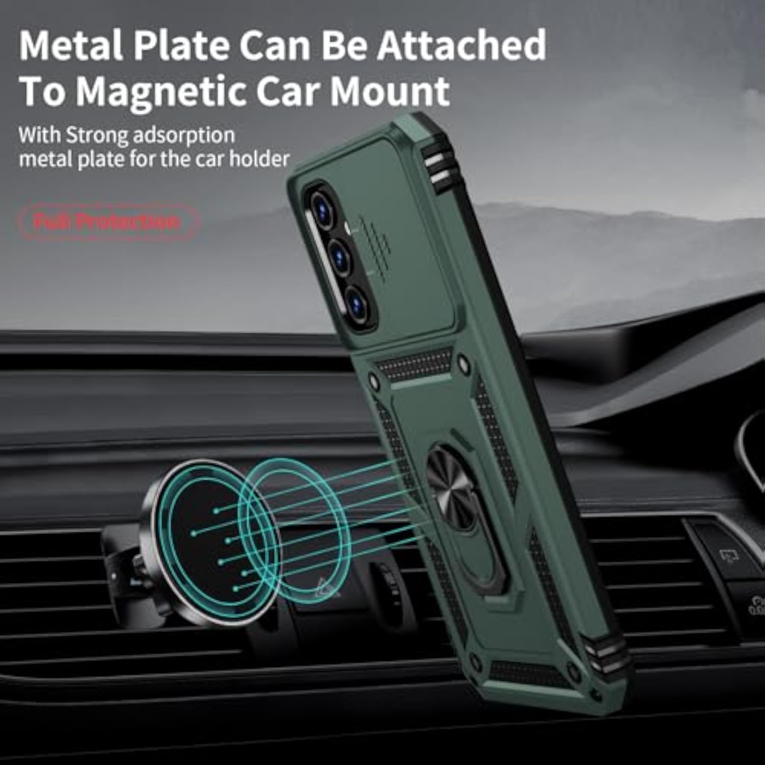 for Samsung Galaxy A03S Case with Slide Camera Lens Cover, HD Screen Protector, Military Grade Drop Protection, Magnetic Rotated Ring Holder Kickstand Phone Case (Pine Green)