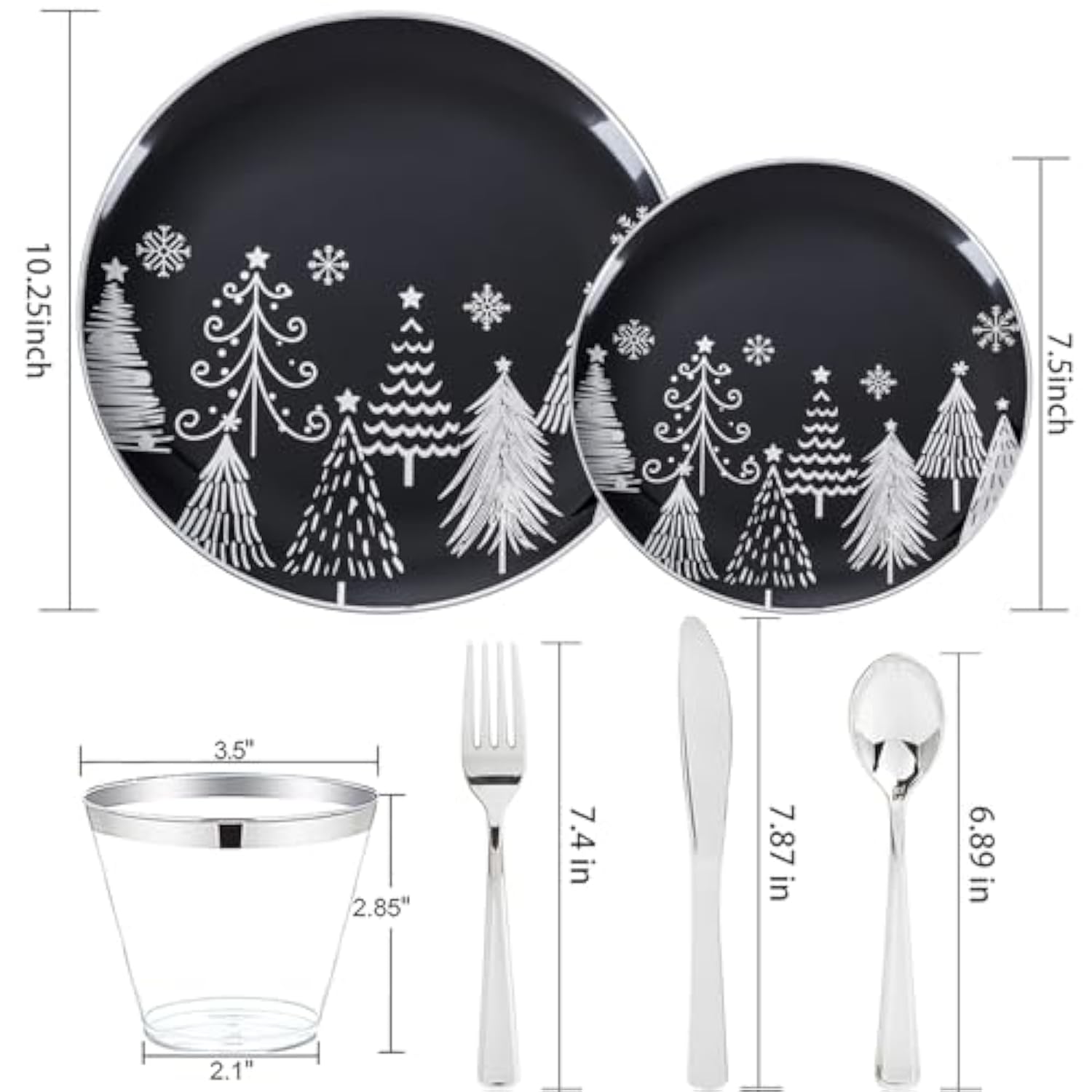 150Pcs Christmas Plates Disposable & Christmas Dinnerware Set For 25 Guests - Black & Silver Plates, Plastic Silverware & Cups With Silver Rim For Christmas Party Supplies