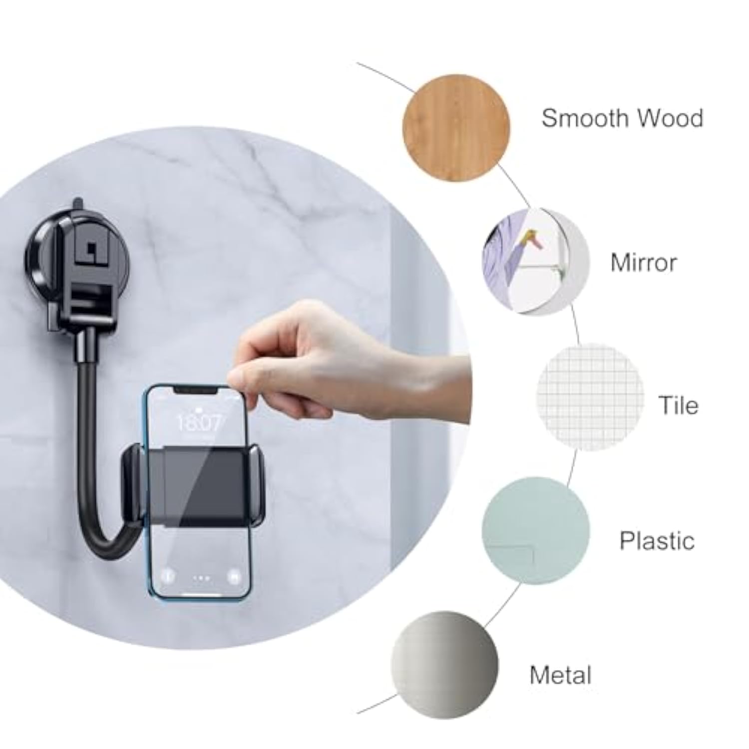 Wall Phone Holder, Solid Arm Suction Mount for Bathroom, Kitchen, Car, Window