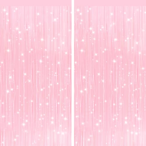 2Pack Pastel Pink Foil Fringe Tinsel Curtains, Pink Backdrop Streamers