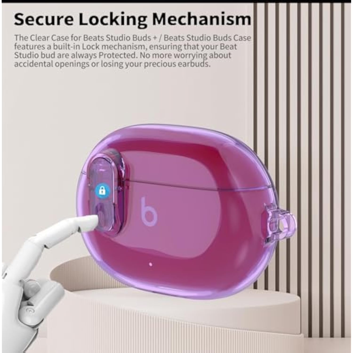Beats Studio Buds Clear Case with Lock, Soft Transparent TPU Protective Cover Skin with Cleaner Kit & Keychain for Women and Men, Purple