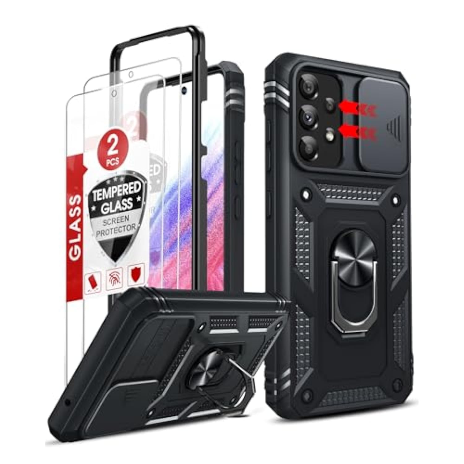 Compatible For Samsung Galaxy A53 5G Case With Slide Camera Cover + (2 Packs) Tempered Glass Screen Protector, 360 Full Body -Grade Phone Case With Kickstand, Black