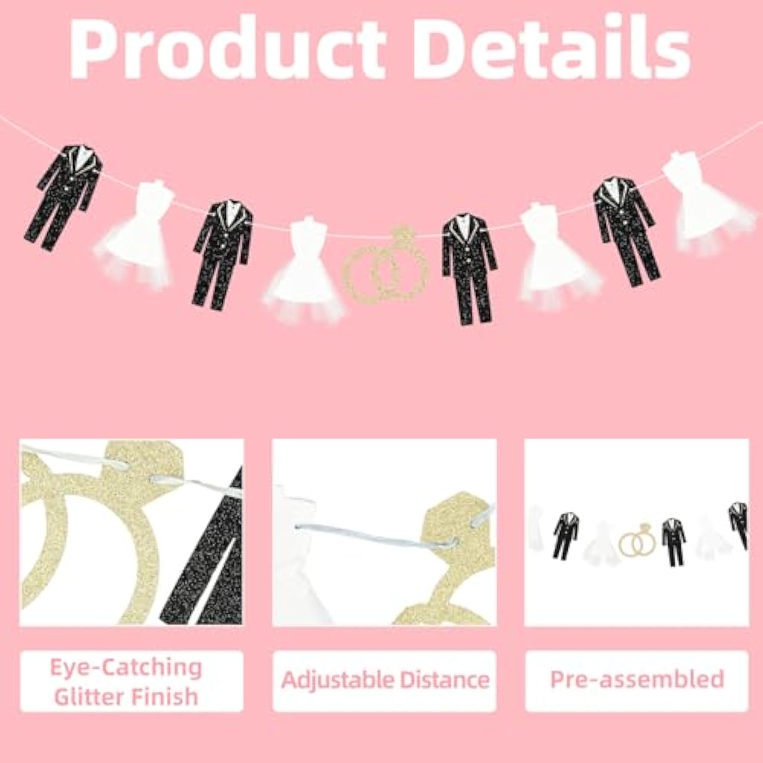 Bride And Groom Wedding Dress Garland Banner, 9.8 Ft Hanging Tuxedo And Gown With Gold Glitter Ring Cutout For Engagement Party, Bridal Shower, Bachelorette, Wedding Reception Decorations