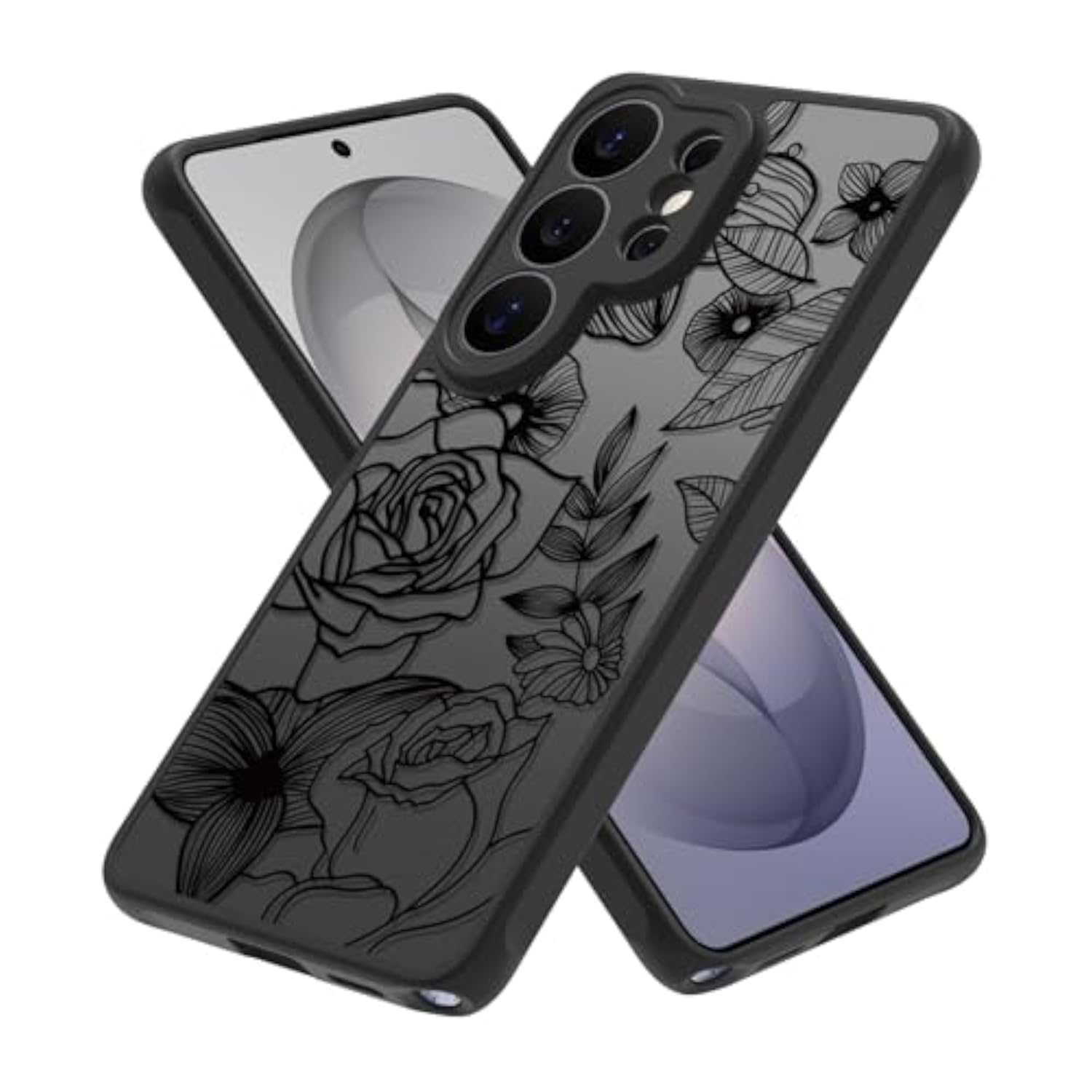 Cute Phone Case for Samsung Galaxy S26 Ultra, Aesthetic Black Line Art Floral Rose Pattern, PC and TPU Full Protection Shockproof Cases Cover for Girls Women