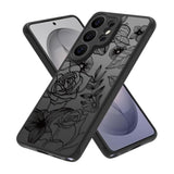 Cute Phone Case for Samsung Galaxy S26 Ultra, Aesthetic Black Line Art Floral Rose Pattern, PC and TPU Full Protection Shockproof Cases Cover for Girls Women