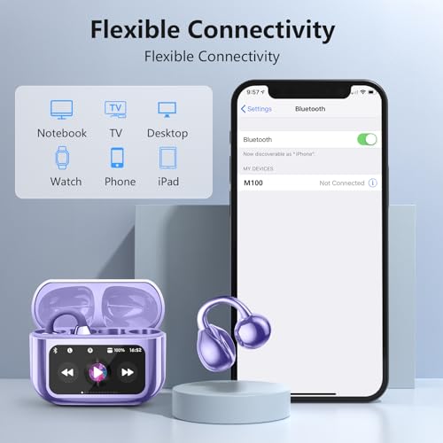 Ultra Open Ear Headphones Bluetooth 5.4 Wireless Clip On Earbuds with Digital Display Charging Case 60 Hours Playtime Sport Earphones Built-in Mic