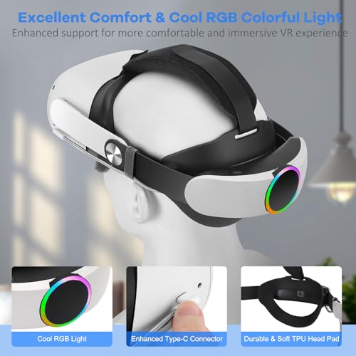 Head Strap With Battery For Oculus Quest 2, 10000Mah Fast Charging Battery Pack Extend 8H Playtime, Adjustable Elite Strap Replacement With Rgb Light Enhanced Comfort Support & Balance In Vr