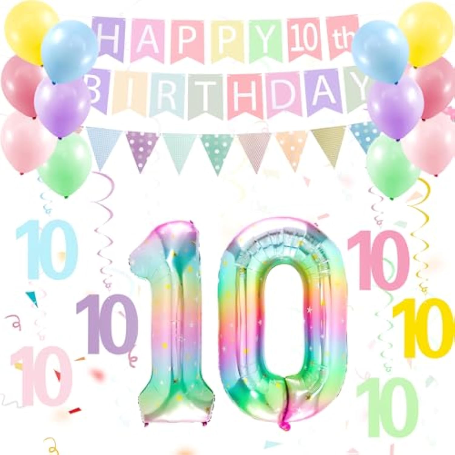 10Th Birthday Decorations For Girls Set - 10 Year Old Girl Birthday Decorations Happy 10Th Party Banner Triangle Flag Hanging Swirls Streamers, 40 Inch Rainbow Gradient Number 10 Balloon