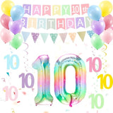10Th Birthday Decorations For Girls Set - 10 Year Old Girl Birthday Decorations Happy 10Th Party Banner Triangle Flag Hanging Swirls Streamers, 40 Inch Rainbow Gradient Number 10 Balloon