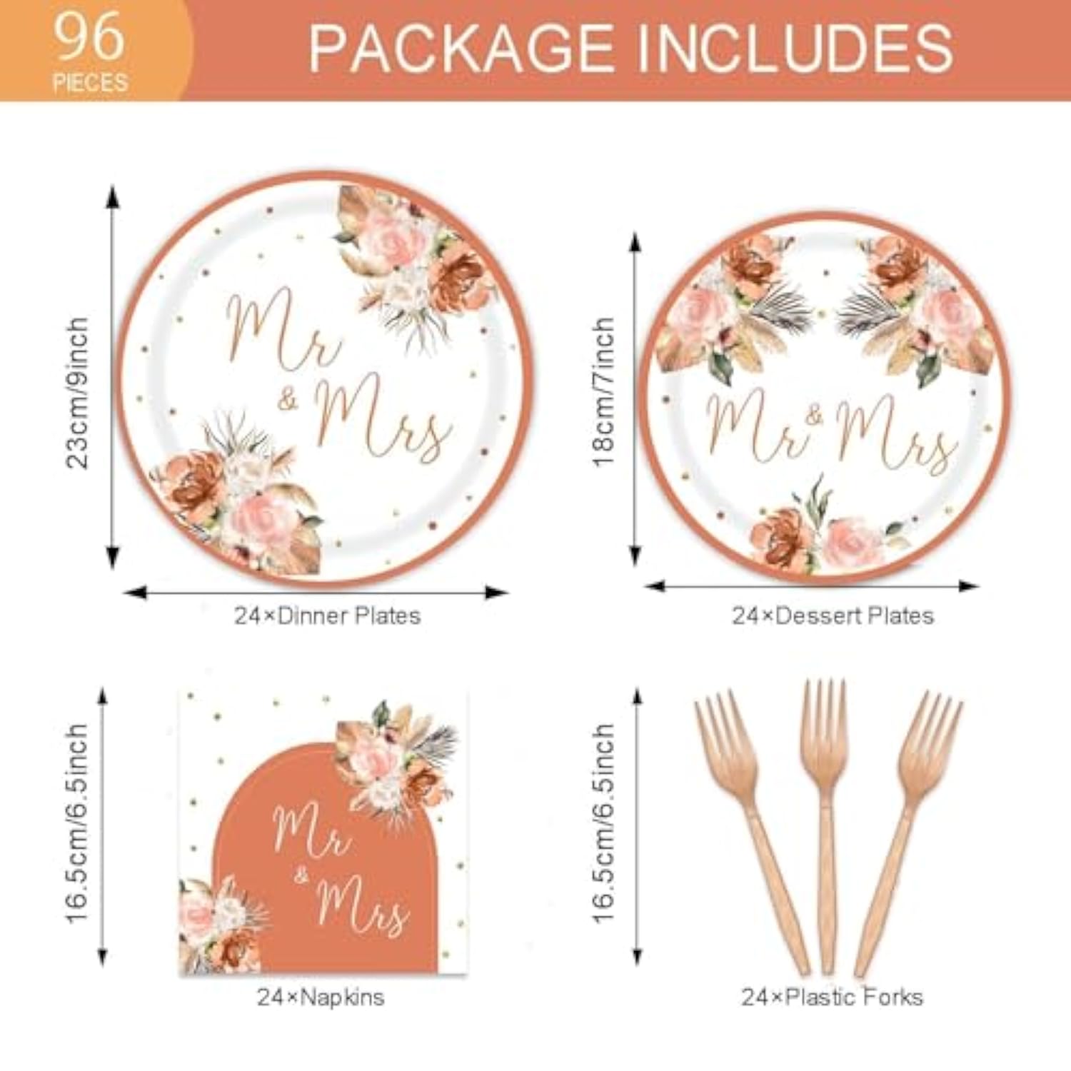 96Pcs Bohemian Pampas Wedding Party Supplies Terracotta Rust Floral Wedding Plates Napkins Red Forks Mr. And Mrs. Bridal Shower Paper Dessert Tableware Set For 24 Guests