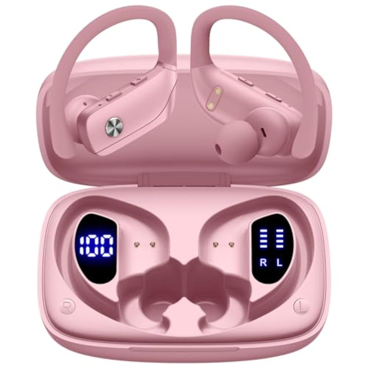 Wireless Earbuds Bluetooth, 48H Playtime, Earhooks, LED Display, Mic, Pink