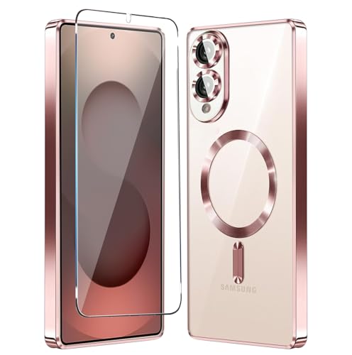 Magnetic Glossy Case For Samsung Galaxy S25 Edge,S25 Edge Phone Case Slim Clear Luxury With Screen Protector & Camera Protector [Compatible With Magsafe], Shockproof Cover For S 25 Edge-Rose Gold