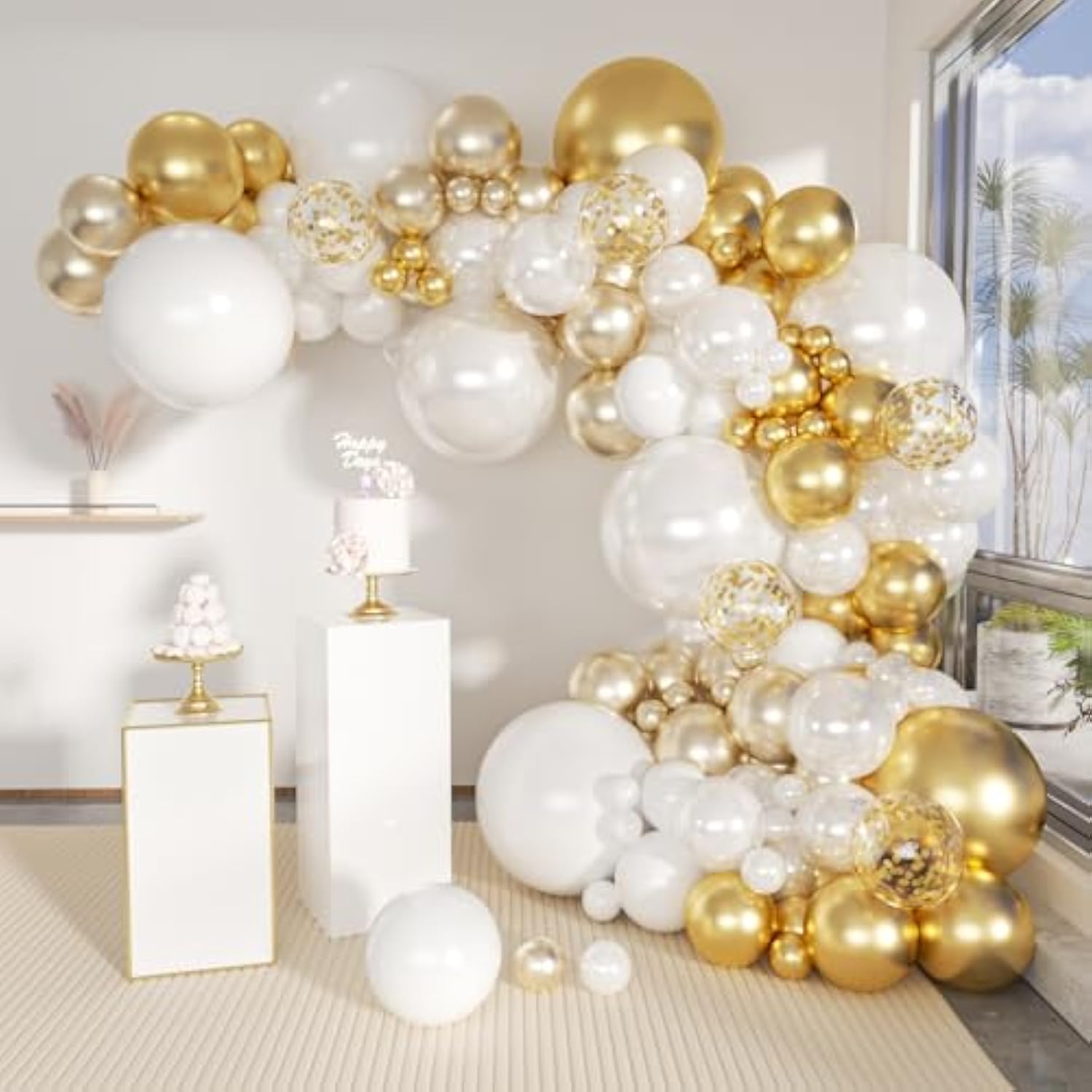 143pcs Gold White Champagne Balloon Arch Kit for Wedding, Birthday, Baby Shower