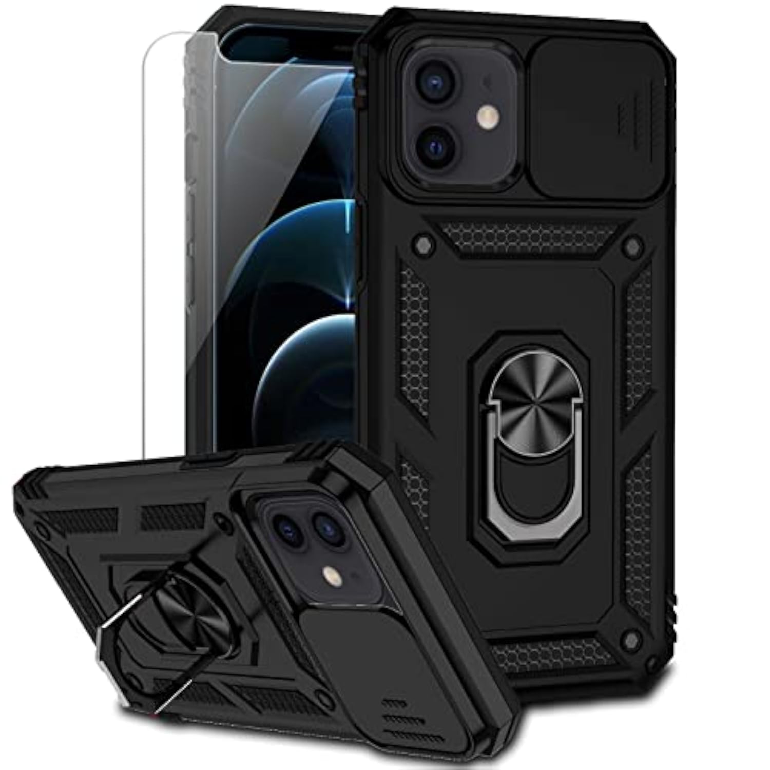 For Iphone 12 / Iphone 12 Pro Case With Camera Lens Cover Hd Screen Protector, Military Grade Drop Protection Magnetic Ring Holder Kickstand Protective Phone Case For Iphone 12 / 12 Pro (Black)