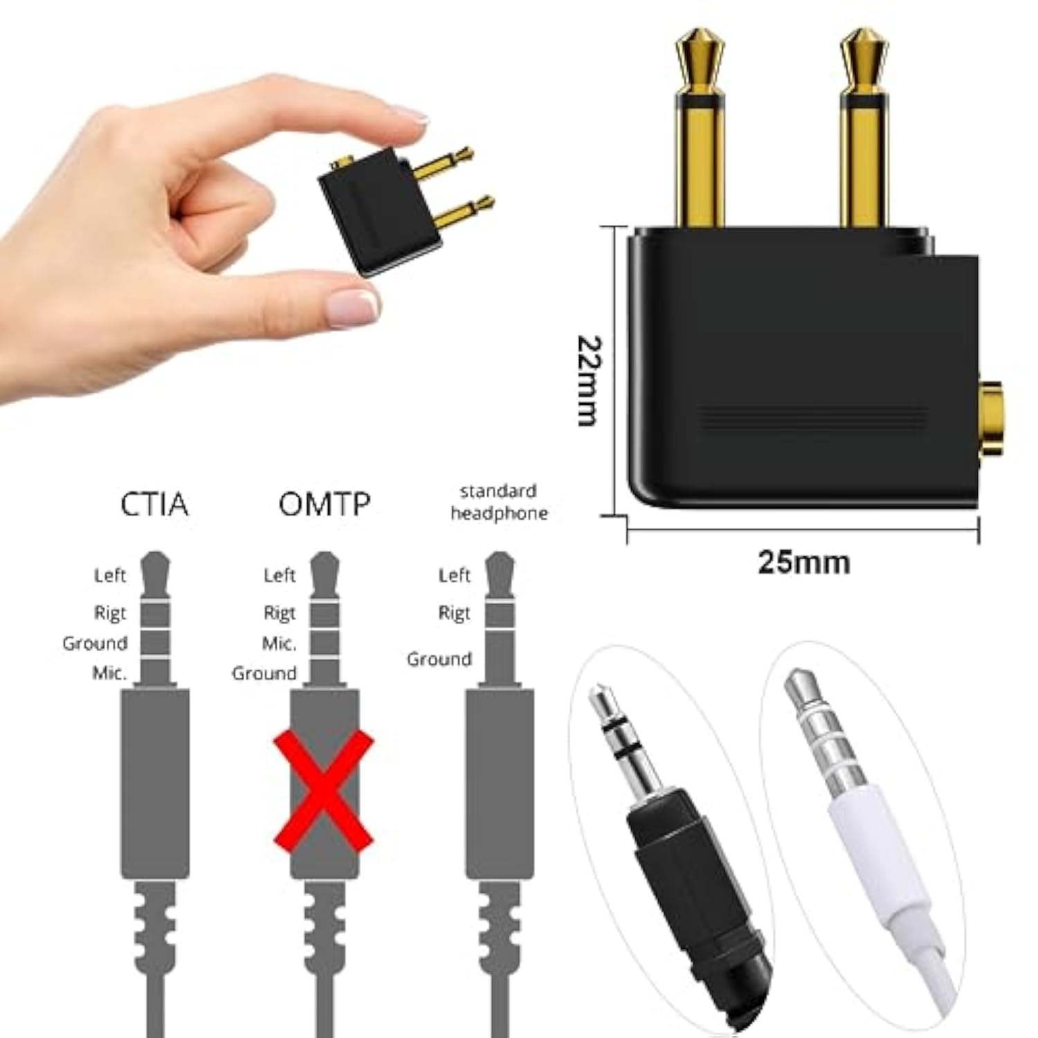Airplane Headphone Adapter, Gold Plated Dual 3.5Mm Male To 3.5Mm Female Airplane Headphone Adapter For Audio Jack To Plug Air Plane Flight Connector Dual Socket Earphone - 3Pack