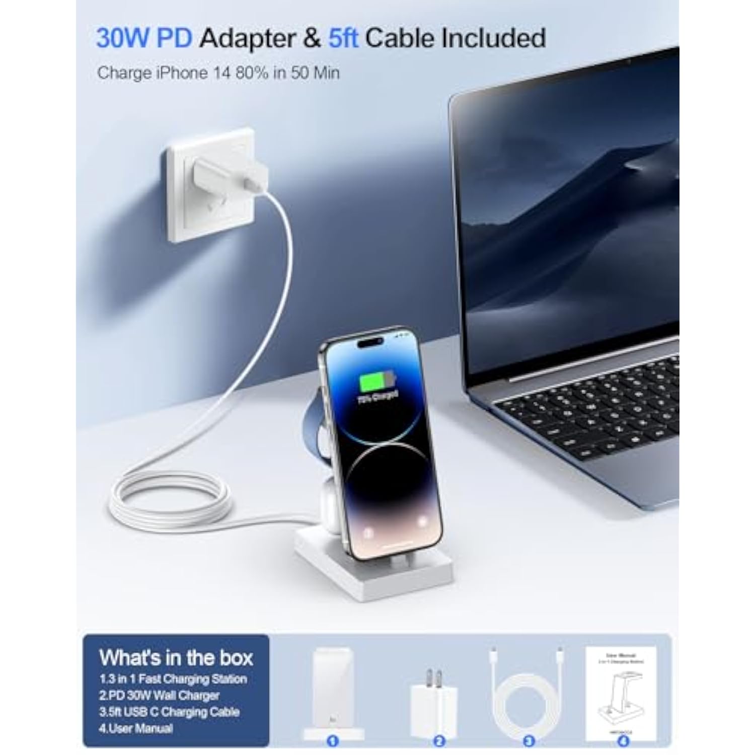 30W Fast Charging Station For Multiple Devices - 3 In 1 Charger Stand For Apple Watch Series 8/7/6/5/4/3/2/Se Charging Dock For Airpods Iphone 14/13/12/11 Pro X Max Xs Xr 8 7 Plus(Not For 15/16)