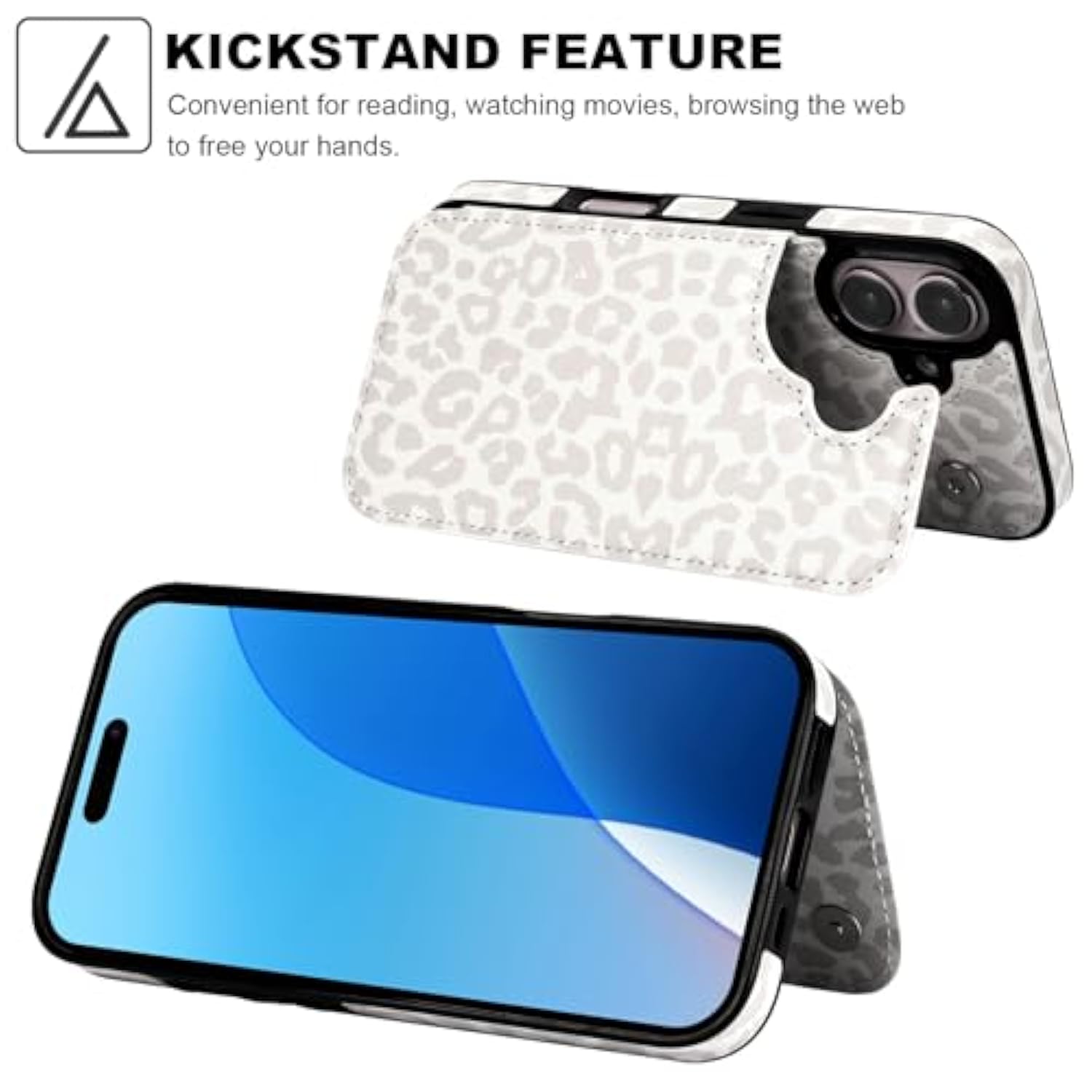 iPhone 16 Wallet Case, White Leopard PU Leather, Kickstand, Card Slots, Shockproof