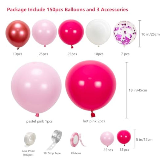 Pink Balloon Arch Kit, 150Pcs Hot Pink And White Confetti Balloons Garland For Happy Birthday Valentine'S Mother'S Girl'S Baby Shower Princess Party Decorations Baby Shower