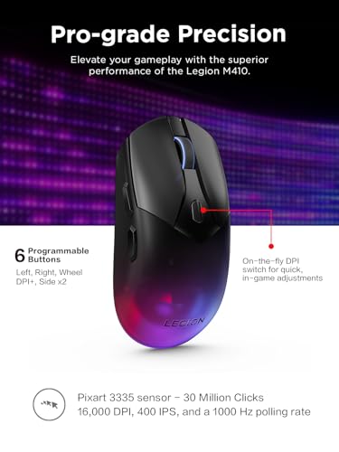 Legion M410 Wireless Rgb Gaming Mouse 6 Button Palm Grip Mouse With 16,000 Dpi, 53 Hour Rechargeable Battery, 2-Zone Rgb Lighting, Nvidia Reflex Compatible