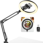 Overhead Phone Mount With Ring Light, 10" Led Selfie Ring Light For Desk With Phone Holder And Remote Canvas Lamp Light For Youtube Live Stream Cooking Video Recording Vlog Zoom Meeting