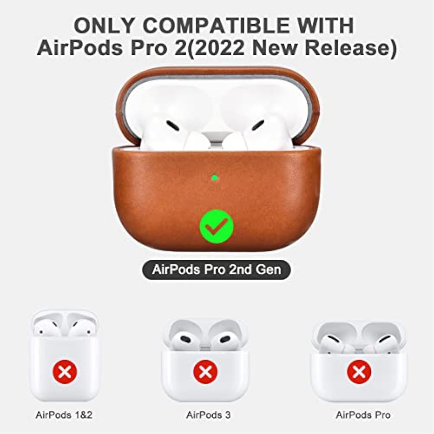 Icarerfamily Leather Case For Airpods Pro 2 (2022), Genuine Leather Shockproof Protective Cover For Airpods Pro 2 Earphones Charging Case (Led Visible) Support Wireless Charger Brown