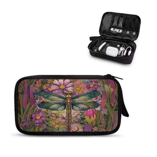 Dragonfly Print Electronic Organizer Travel Case Portable Daisy Charger Organizer Travel Case Slim Cable Organizer Bag Tech Organizer Travel Case, Purple And Green