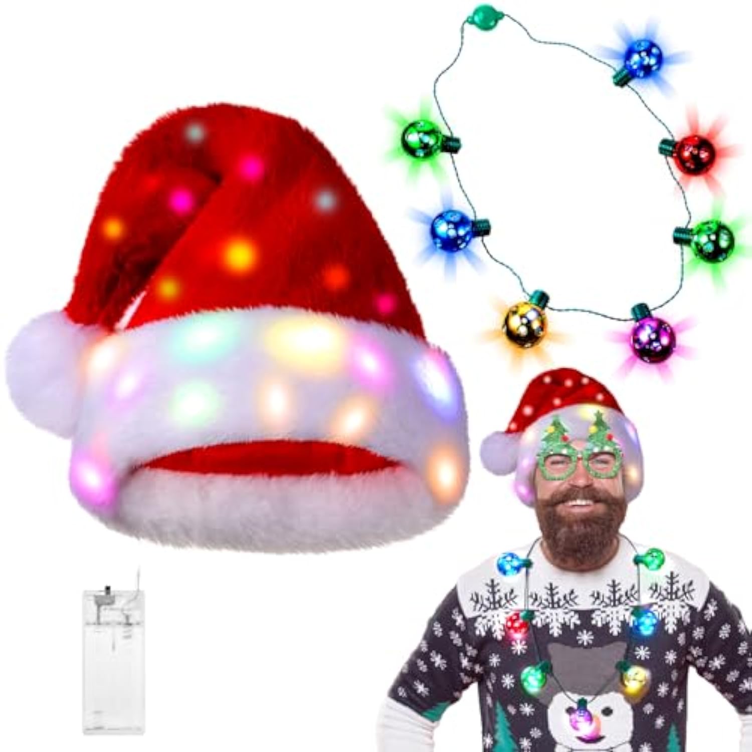2-Piece LED Santa Hat and Bell Necklace Christmas Costume Set