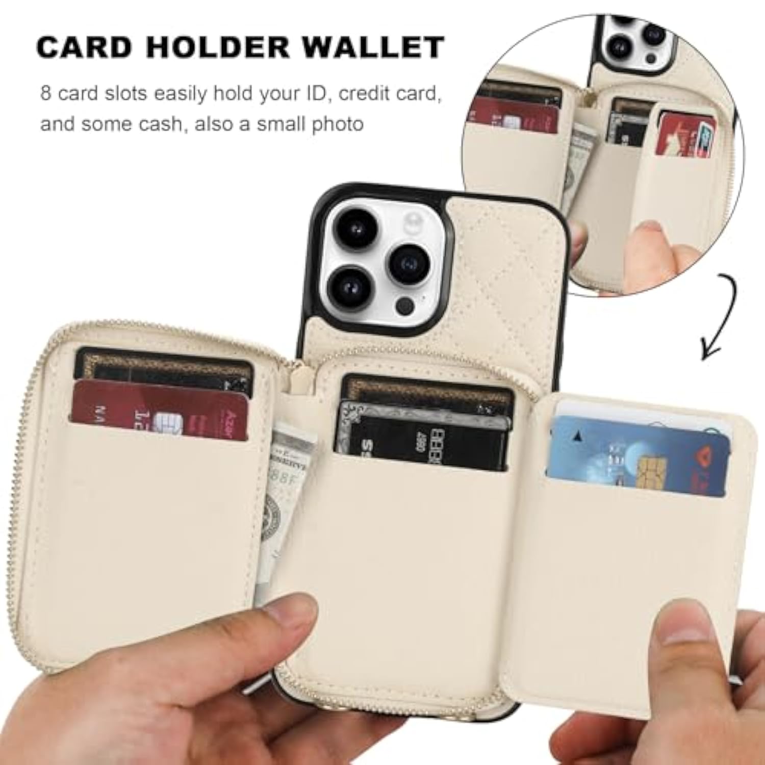 Crossbody Wallet Case For Iphone 13 Pro Max, Rfid Blocking Pu Leather Zipper Handbag Purse Flip Cover, Kickstand Folio Case With Card Slots Holder Wrist Strap Lanyard 5G 6.7 Inch (Beige)