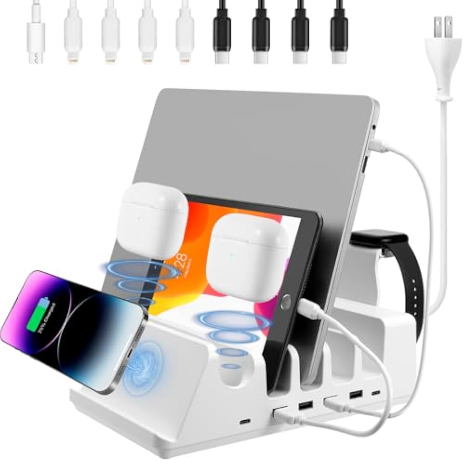 150W Family Charging Station, With Usb & Usb-C Ports, Wireless Charging For Mobile & Airpods/Buds, Compatible/W Iphone, Ipad, Samsung Mobile & Tablet, Macbook, Laptop, Providing 20V/65W Usb-C